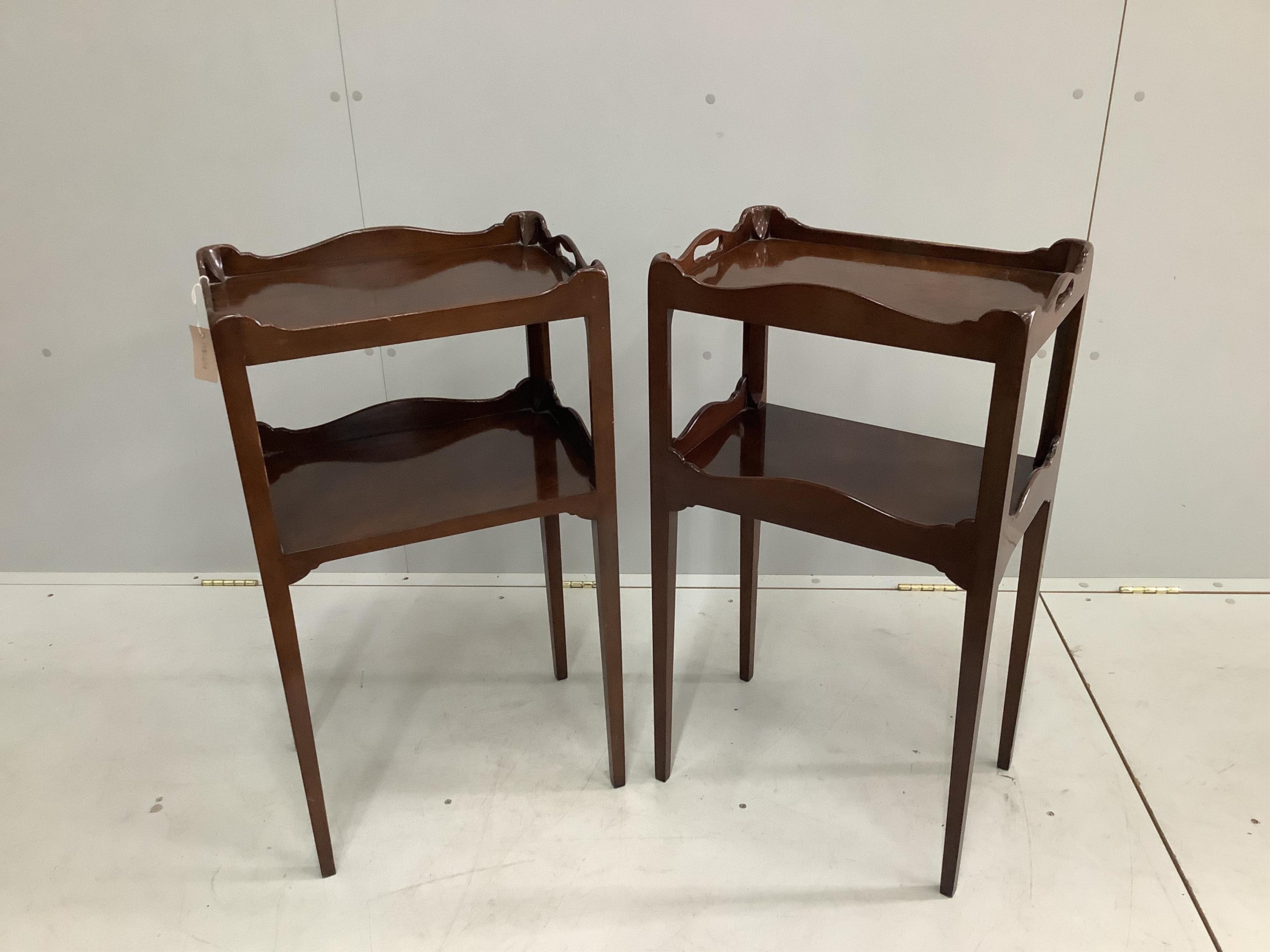 A pair of reproduction George III style rectangular mahogany tray top occasional tables, width 45cm, depth 30cm, height 81cm. Condition - fair